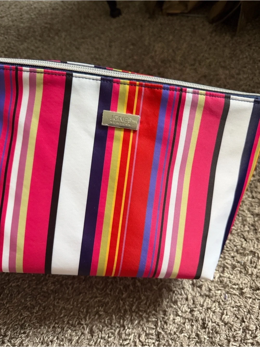 Jones New York Pink & Red Striped Cosmetic Pouch + Travel Bottle